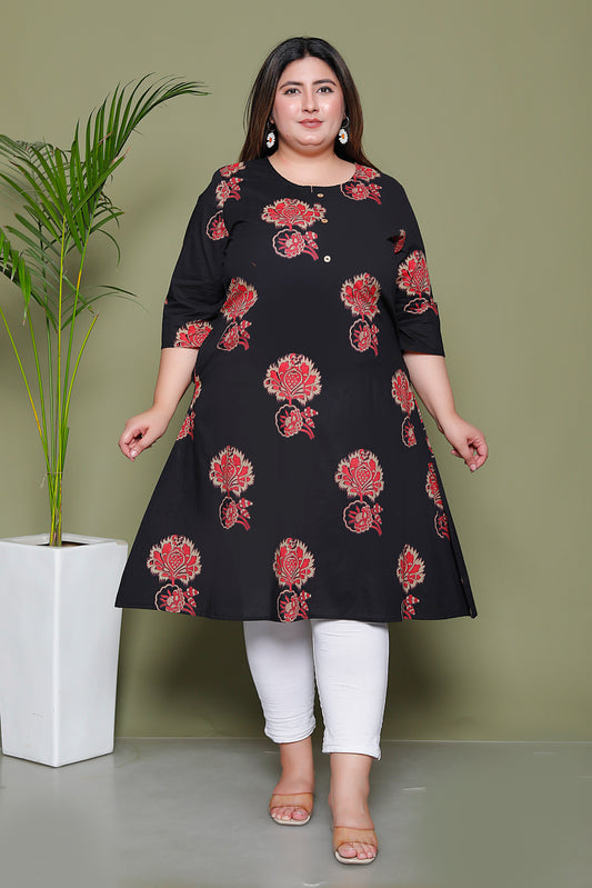 HANDBLOCK FLORAL BUTTA PRINT COTTON KURTI IN BLACK/RED BY PLUSSIZEKURTI