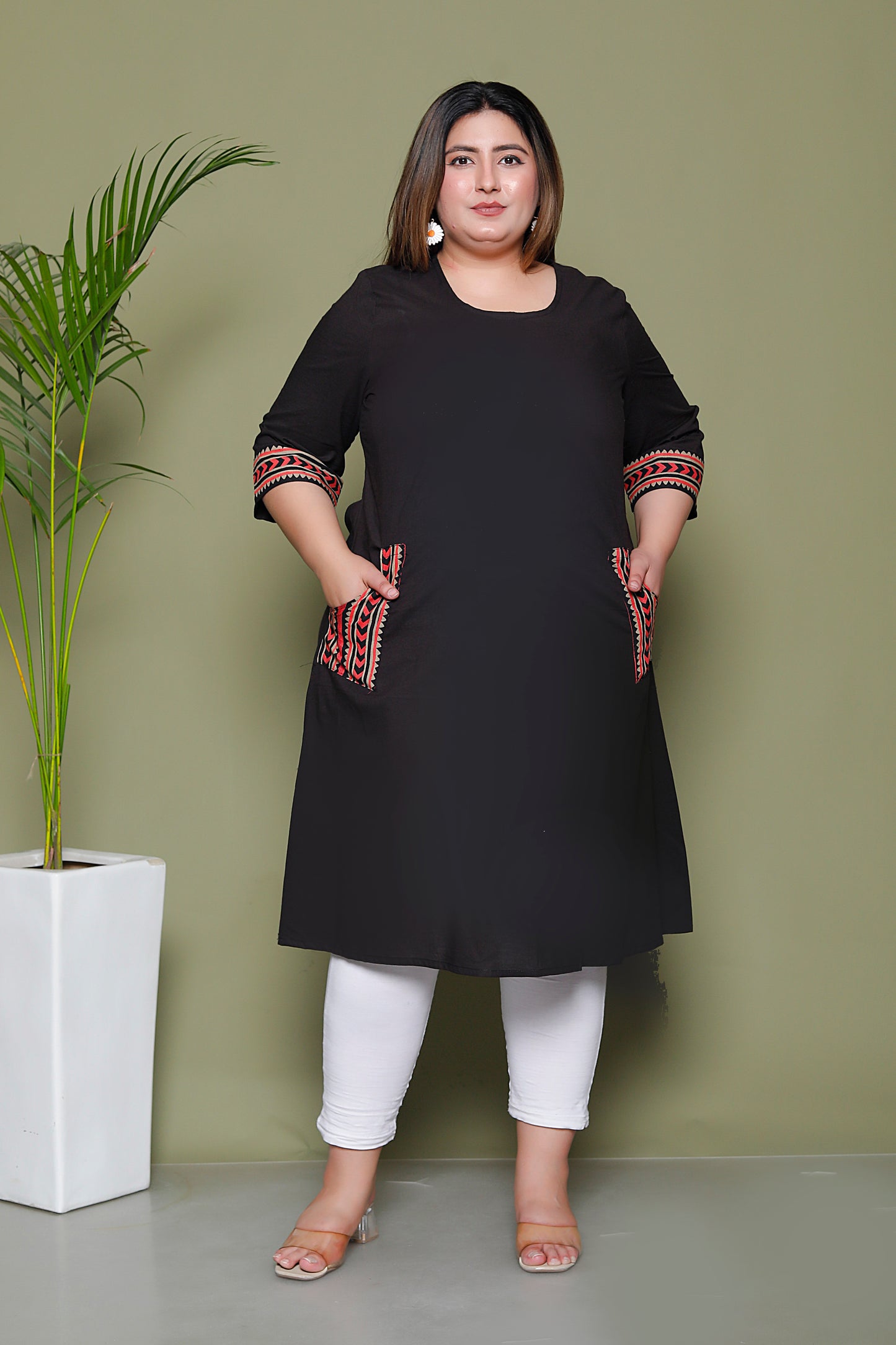 SOLID POCKET PRINT COTTON KURTI IN BLACK BY PLUSSIZEKURTI