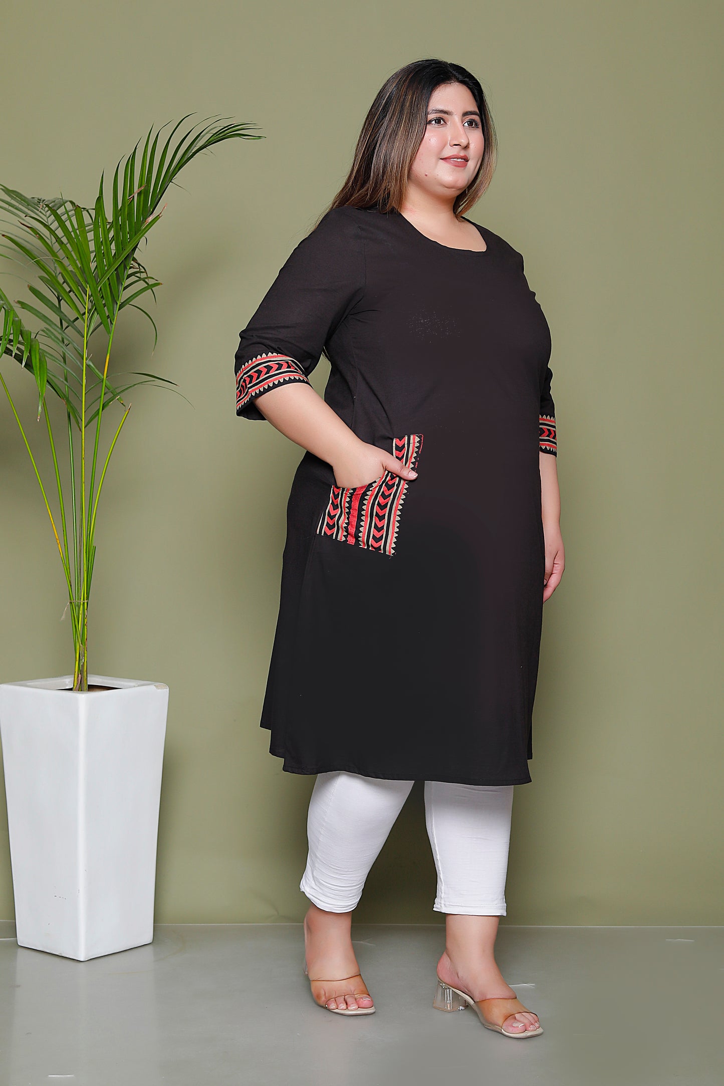 SOLID POCKET PRINT COTTON KURTI IN BLACK BY PLUSSIZEKURTI