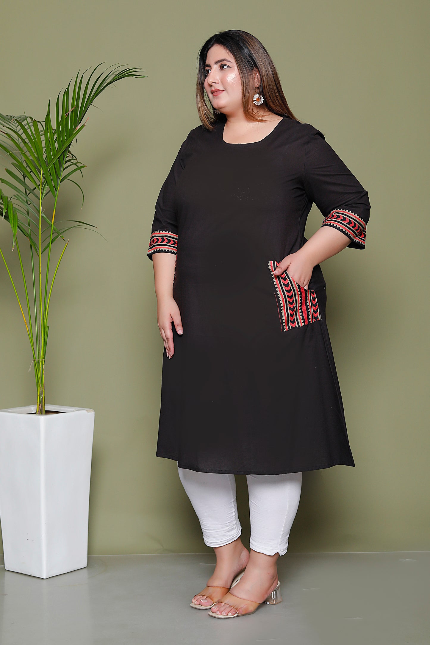 SOLID POCKET PRINT COTTON KURTI IN BLACK BY PLUSSIZEKURTI