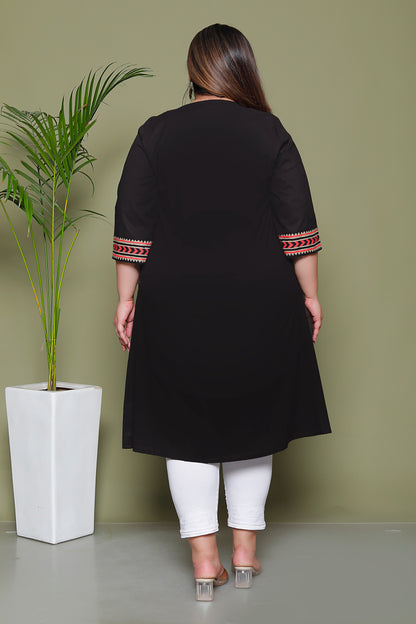 SOLID POCKET PRINT COTTON KURTI IN BLACK BY PLUSSIZEKURTI