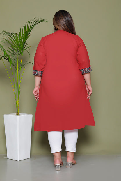 SOLID POCKET PRINT COTTON KURTI IN MAHROON BY PLUSSIZEKURTI