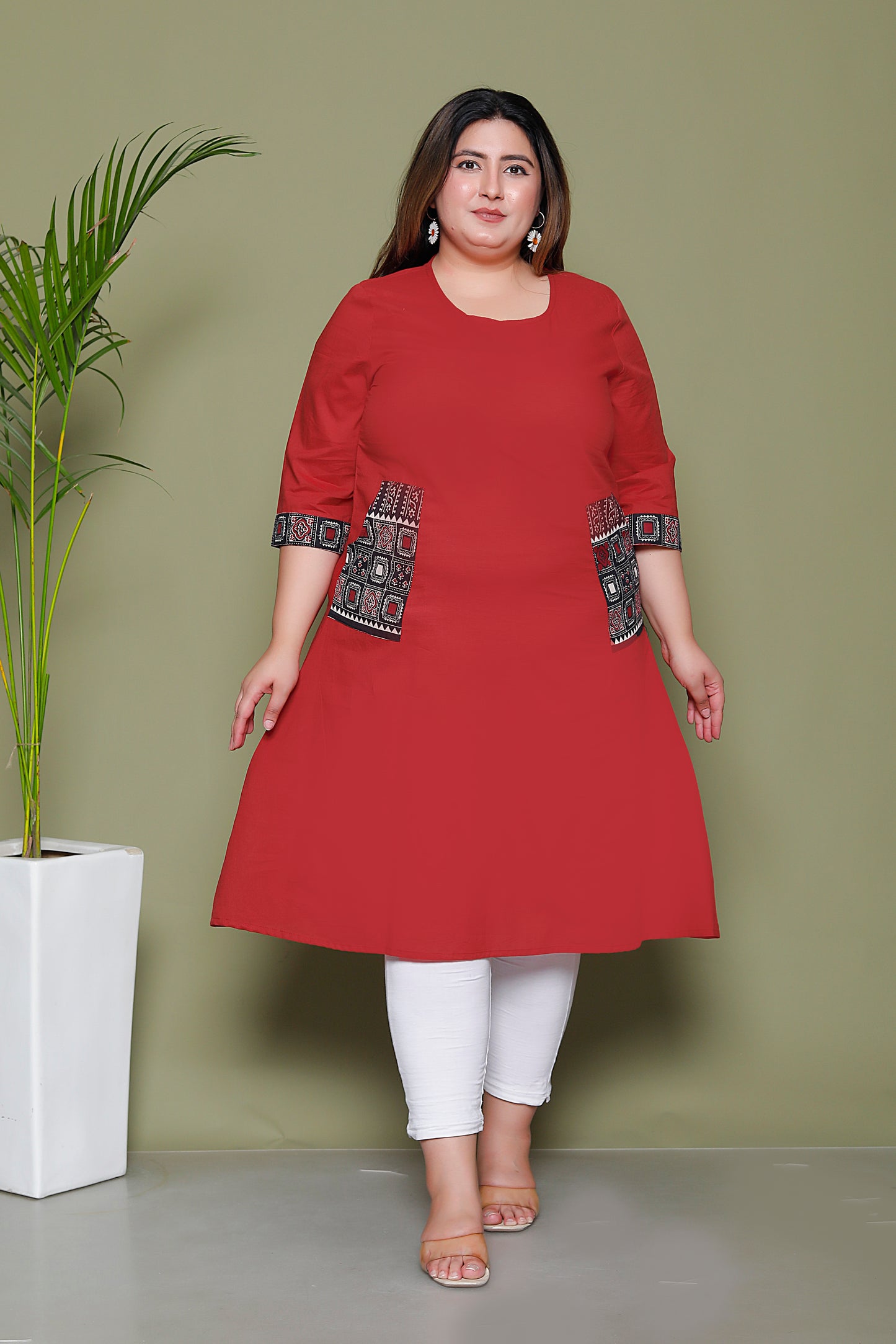 SOLID POCKET PRINT COTTON KURTI IN MAHROON BY PLUSSIZEKURTI