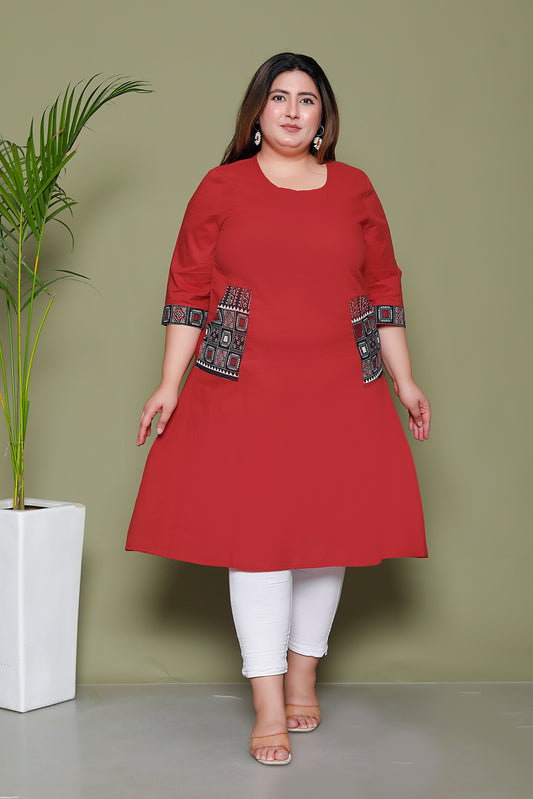 SOLID POCKET PRINT COTTON KURTI IN MAHROON BY PLUSSIZEKURTI