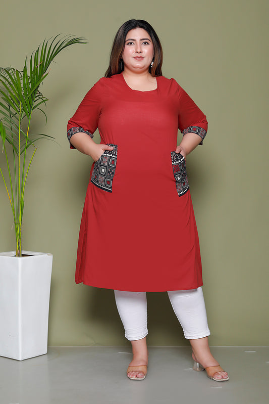SOLID POCKET PRINT COTTON KURTI IN MAHROON BY PLUSSIZEKURTI