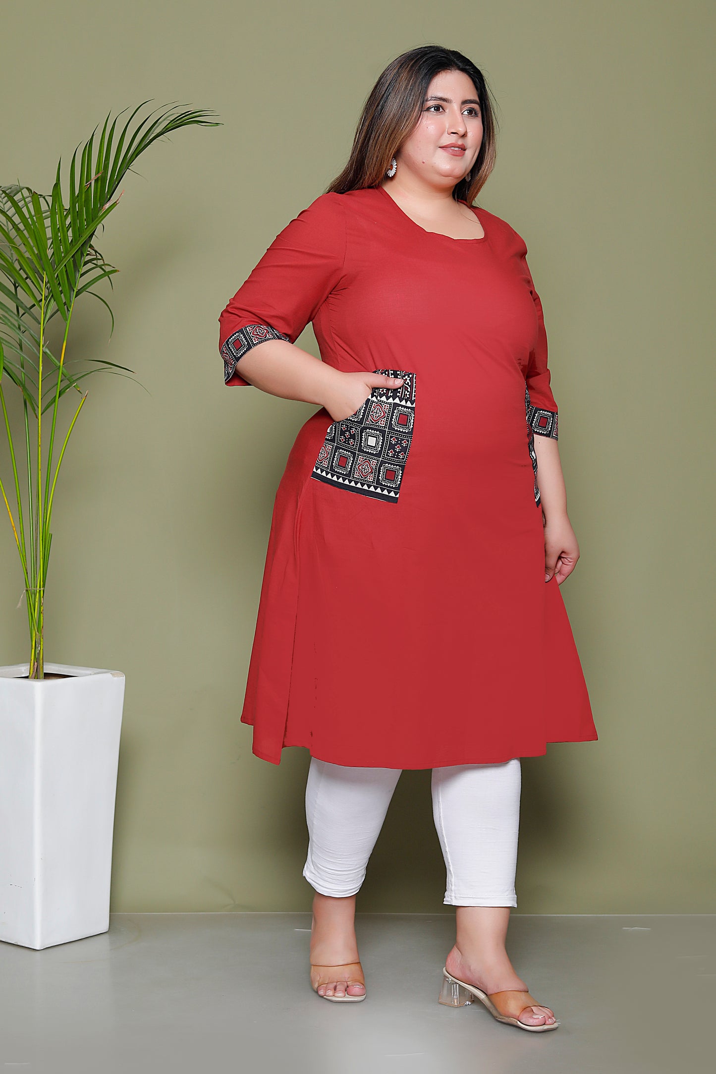 SOLID POCKET PRINT COTTON KURTI IN MAHROON BY PLUSSIZEKURTI