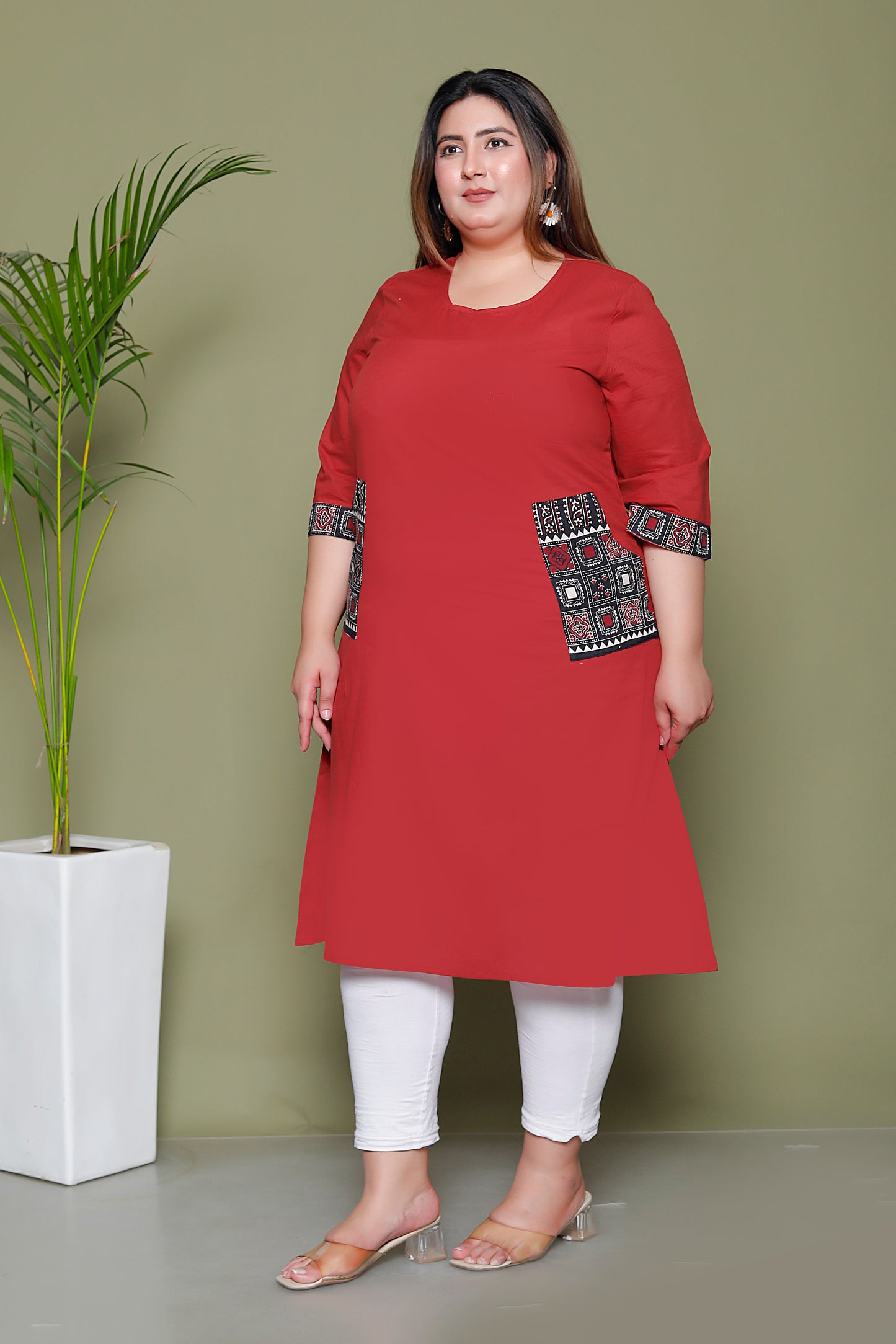 SOLID POCKET PRINT COTTON KURTI IN MAHROON BY PLUSSIZEKURTI