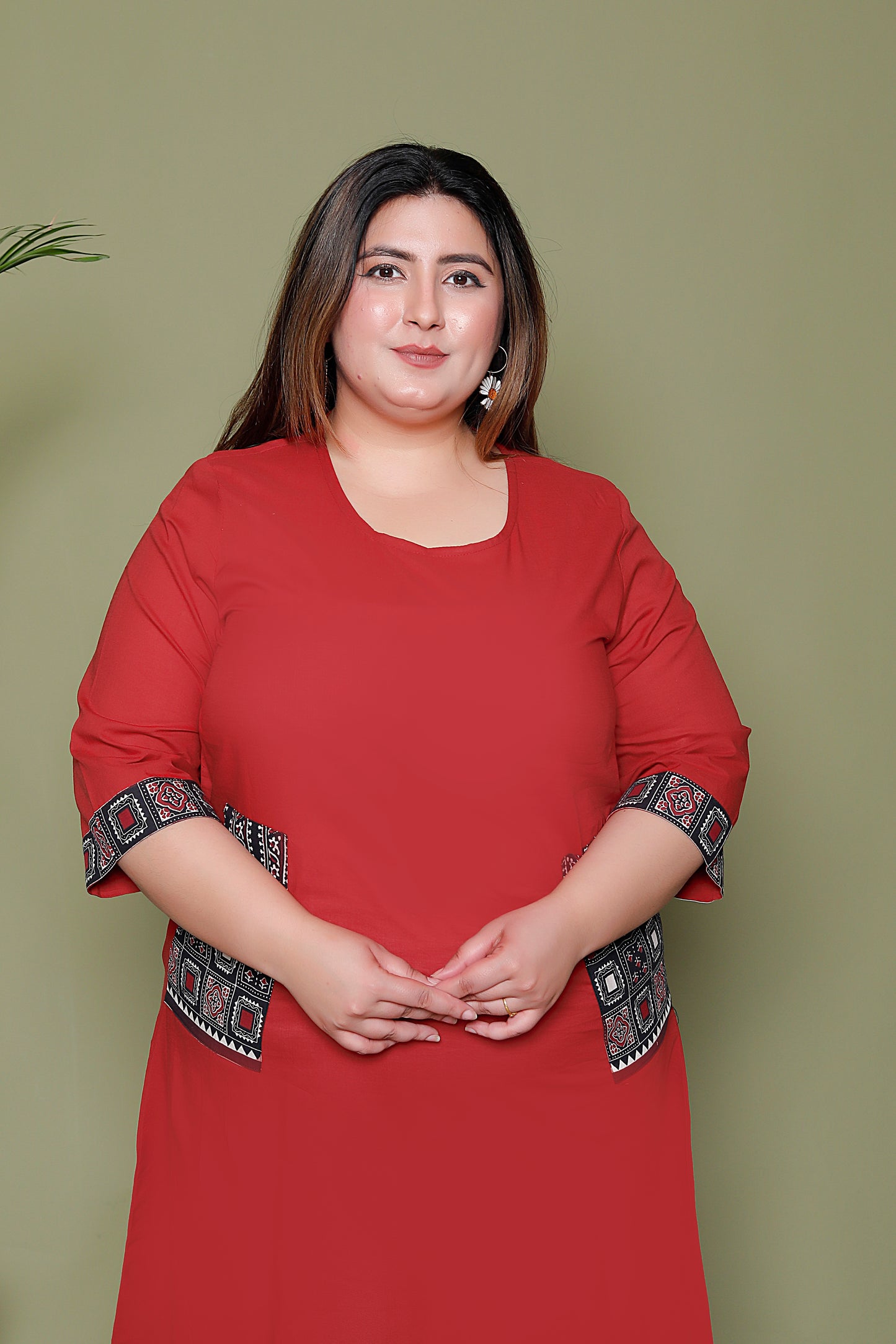 SOLID POCKET PRINT COTTON KURTI IN MAHROON BY PLUSSIZEKURTI