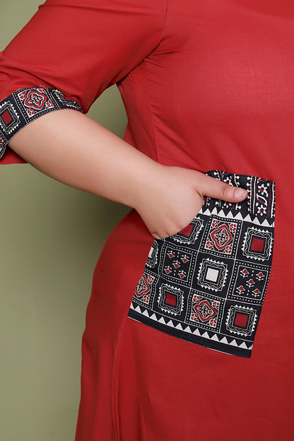 SOLID POCKET PRINT COTTON KURTI IN MAHROON BY PLUSSIZEKURTI