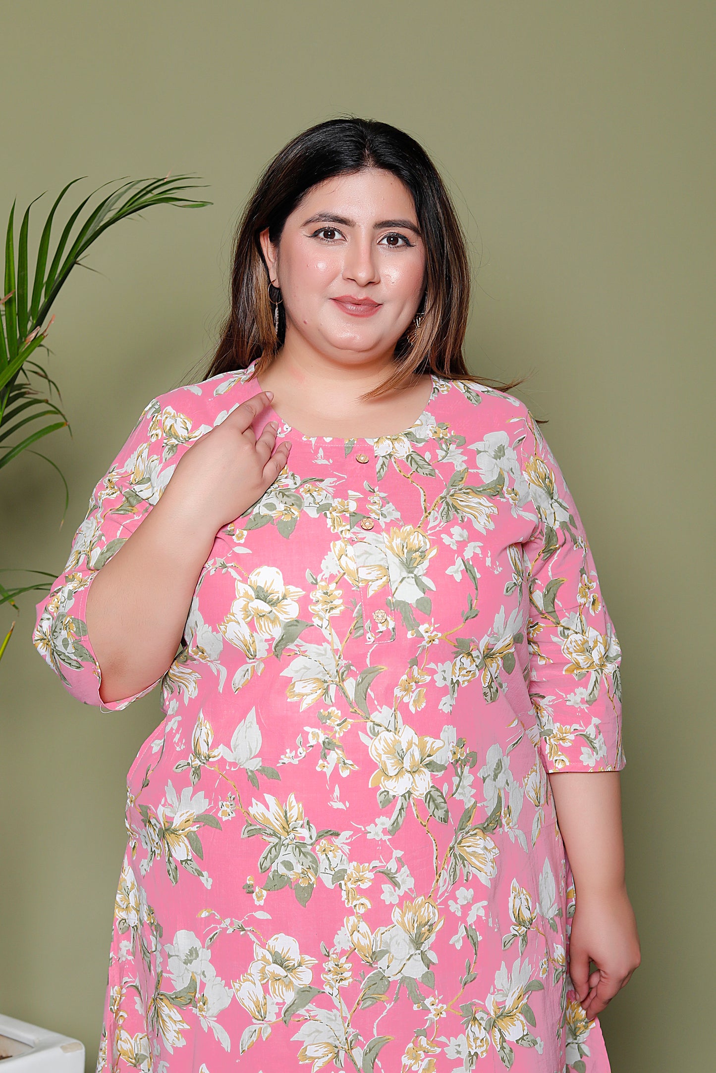 FLORAL PRINT COTTON KURTI IN BABYPINK BY PLUSSIZEKURTI
