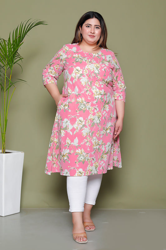 FLORAL PRINT COTTON KURTI IN BABYPINK BY PLUSSIZEKURTI