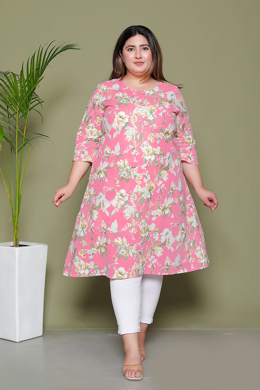 FLORAL PRINT COTTON KURTI IN BABYPINK BY PLUSSIZEKURTI
