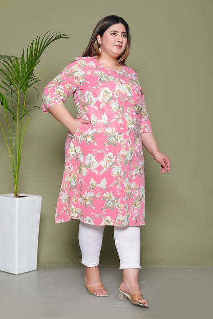 FLORAL PRINT COTTON KURTI IN BABYPINK BY PLUSSIZEKURTI