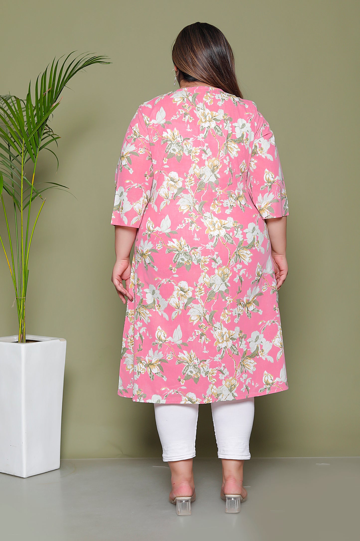 FLORAL PRINT COTTON KURTI IN BABYPINK BY PLUSSIZEKURTI