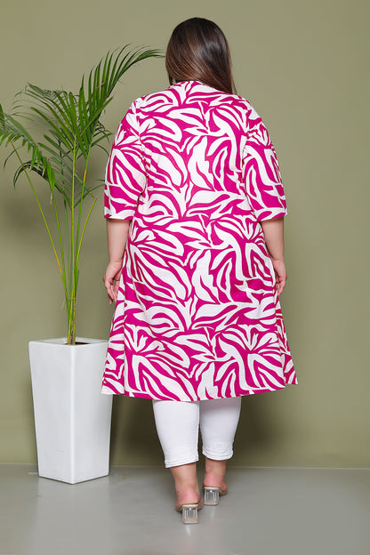 TROPICAL LEAF PRINT COTTON KURTI IN MAGENTA PINK BY PLUSSIZEKURTI