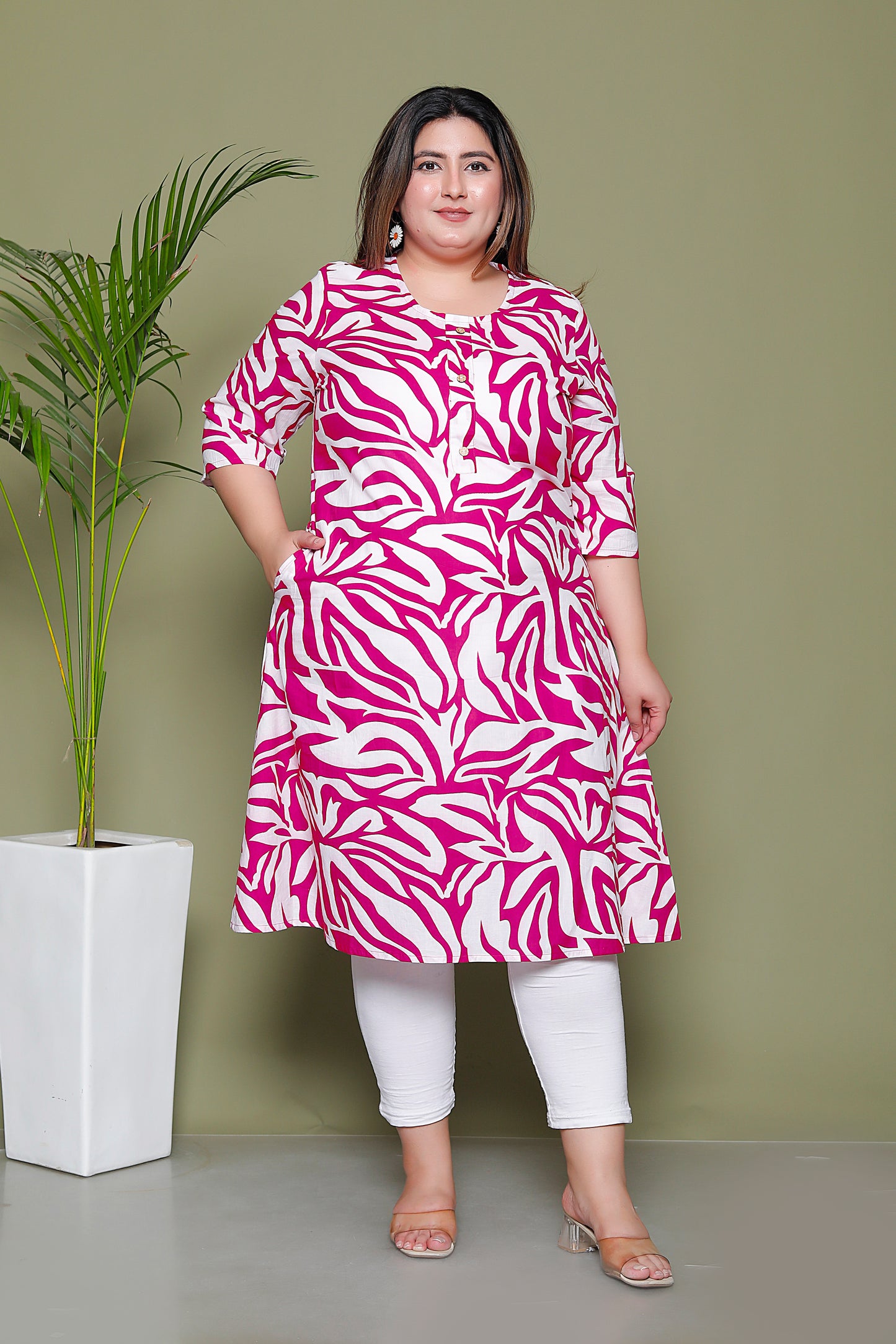 TROPICAL LEAF PRINT COTTON KURTI IN MAGENTA PINK BY PLUSSIZEKURTI