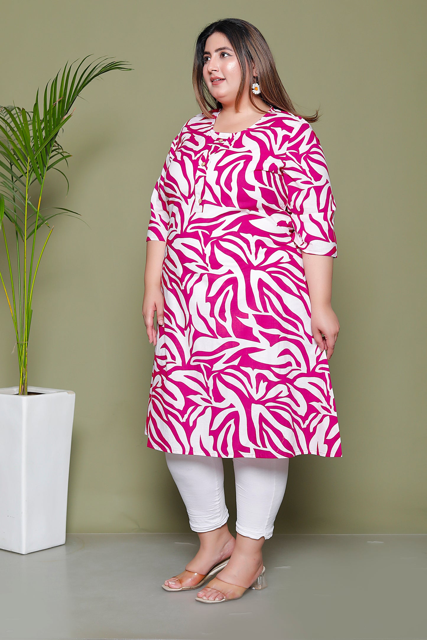 TROPICAL LEAF PRINT COTTON KURTI IN MAGENTA PINK BY PLUSSIZEKURTI