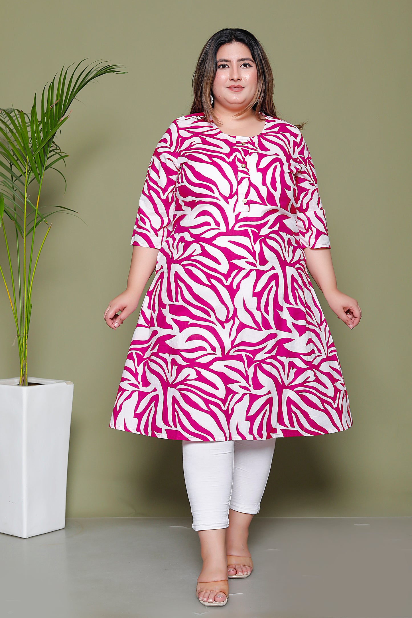 TROPICAL LEAF PRINT COTTON KURTI IN MAGENTA PINK BY PLUSSIZEKURTI