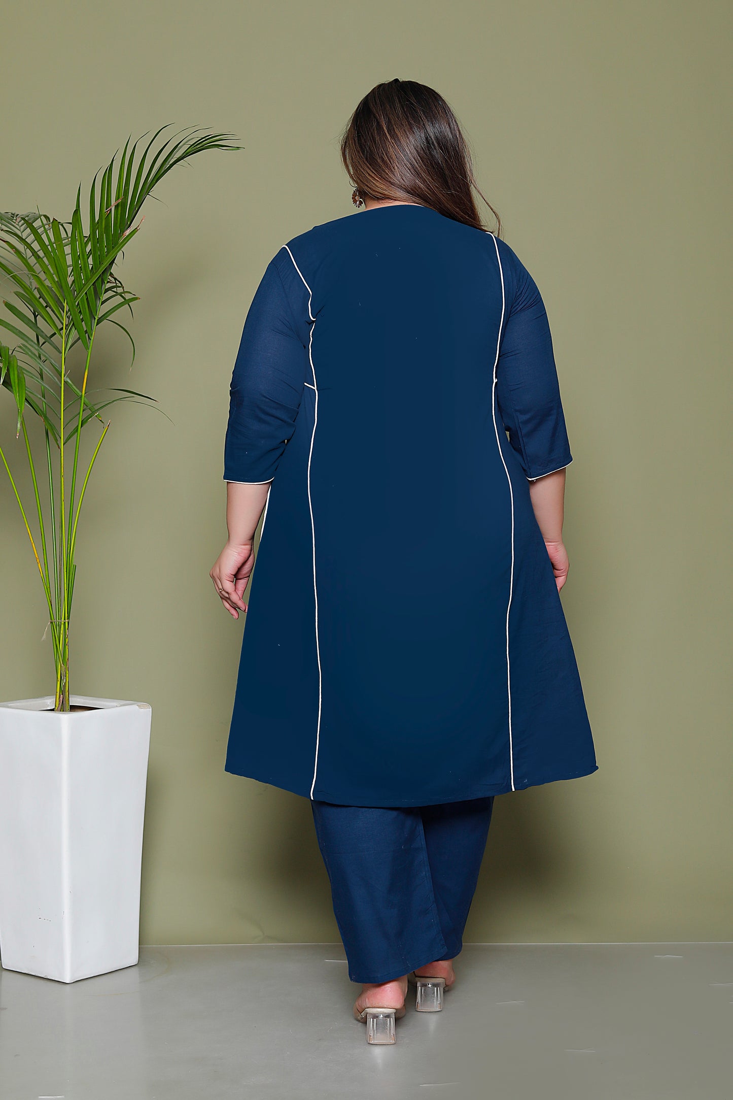 SOLID PIPING COTTON 2 PEICE KURTA PANT IN BLUE BY PLUSSIZEKURTI
