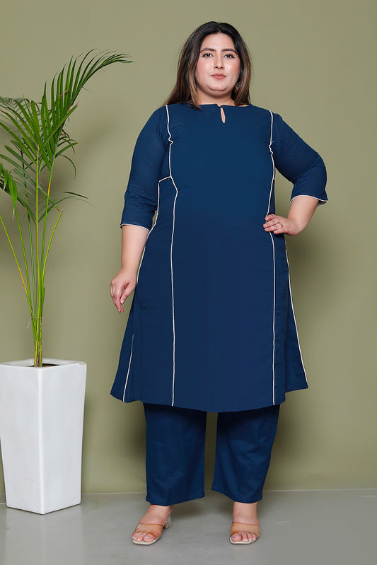 SOLID PIPING COTTON 2 PEICE KURTA PANT IN BLUE BY PLUSSIZEKURTI