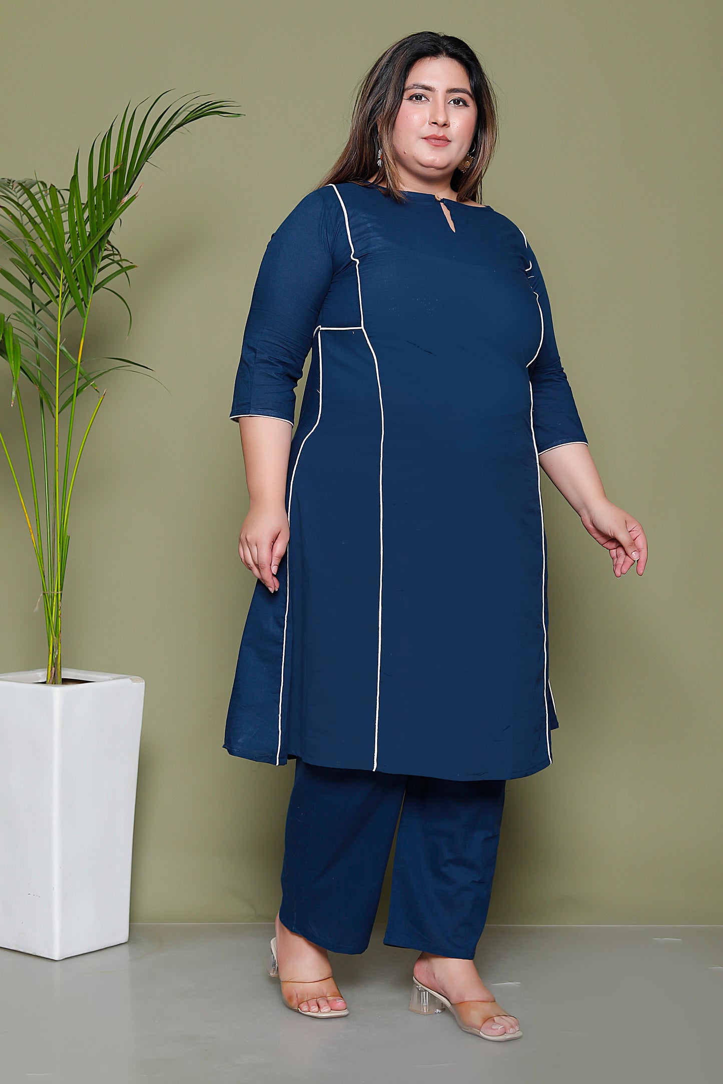 SOLID PIPING COTTON 2 PEICE KURTA PANT IN BLUE BY PLUSSIZEKURTI