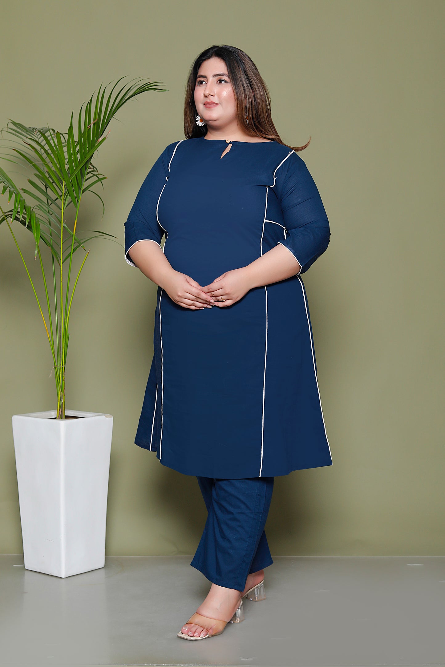 SOLID PIPING COTTON 2 PEICE KURTA PANT IN BLUE BY PLUSSIZEKURTI