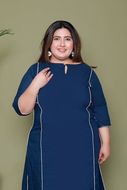 SOLID PIPING COTTON 2 PEICE KURTA PANT IN BLUE BY PLUSSIZEKURTI
