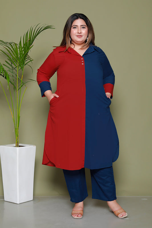 HALF HALF COTTON 2 PEICE KURTA PANT IN MAHROON/BLUE BY PLUSSIZEKURTI