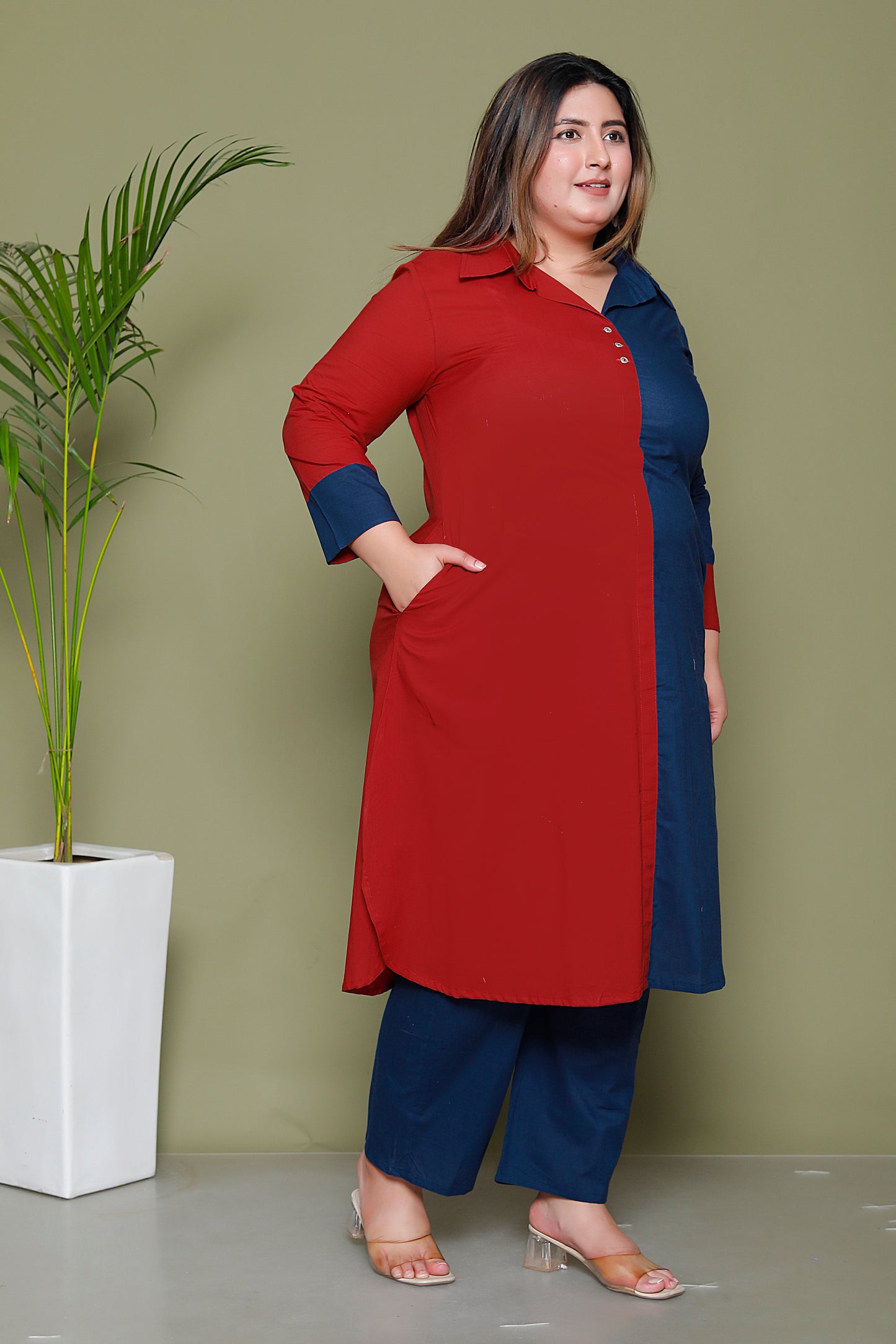 HALF HALF COTTON 2 PEICE KURTA PANT IN MAHROON/BLUE BY PLUSSIZEKURTI