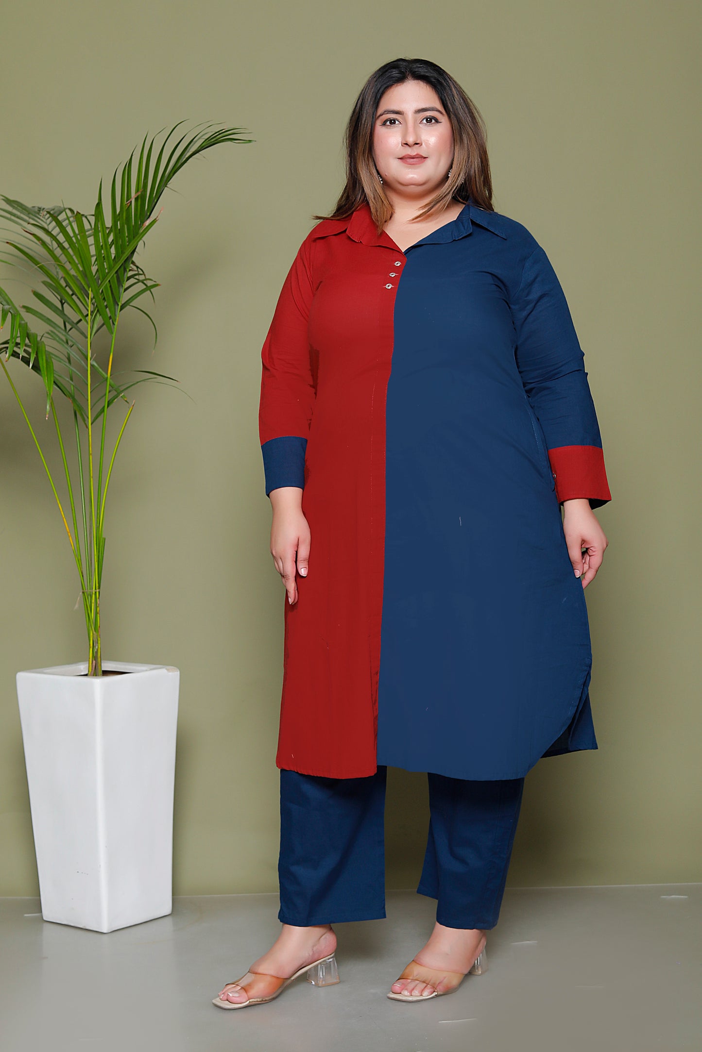 HALF HALF COTTON 2 PEICE KURTA PANT IN MAHROON/BLUE BY PLUSSIZEKURTI