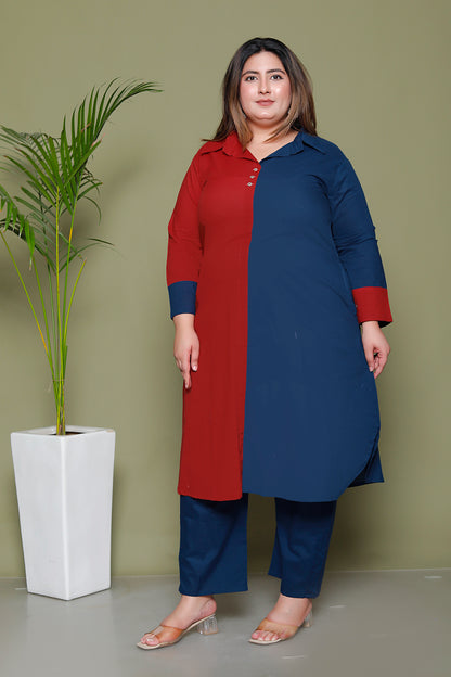 HALF HALF COTTON 2 PEICE KURTA PANT IN MAHROON/BLUE BY PLUSSIZEKURTI