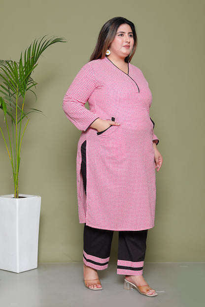 VINTAGE SMALL CHECKS COTTON FLEX 2 PEICE KURTA PANT IN PINK BY PLUSSIZEKURTI