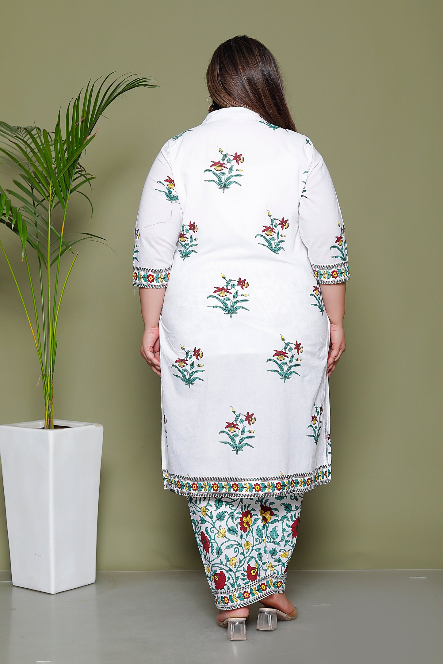 MUGHAL PRINT COTTON 3 PEICE KURTI PLAZZO SET IN WHITE/SKYBLUE BY PLUSSIZEKURTI