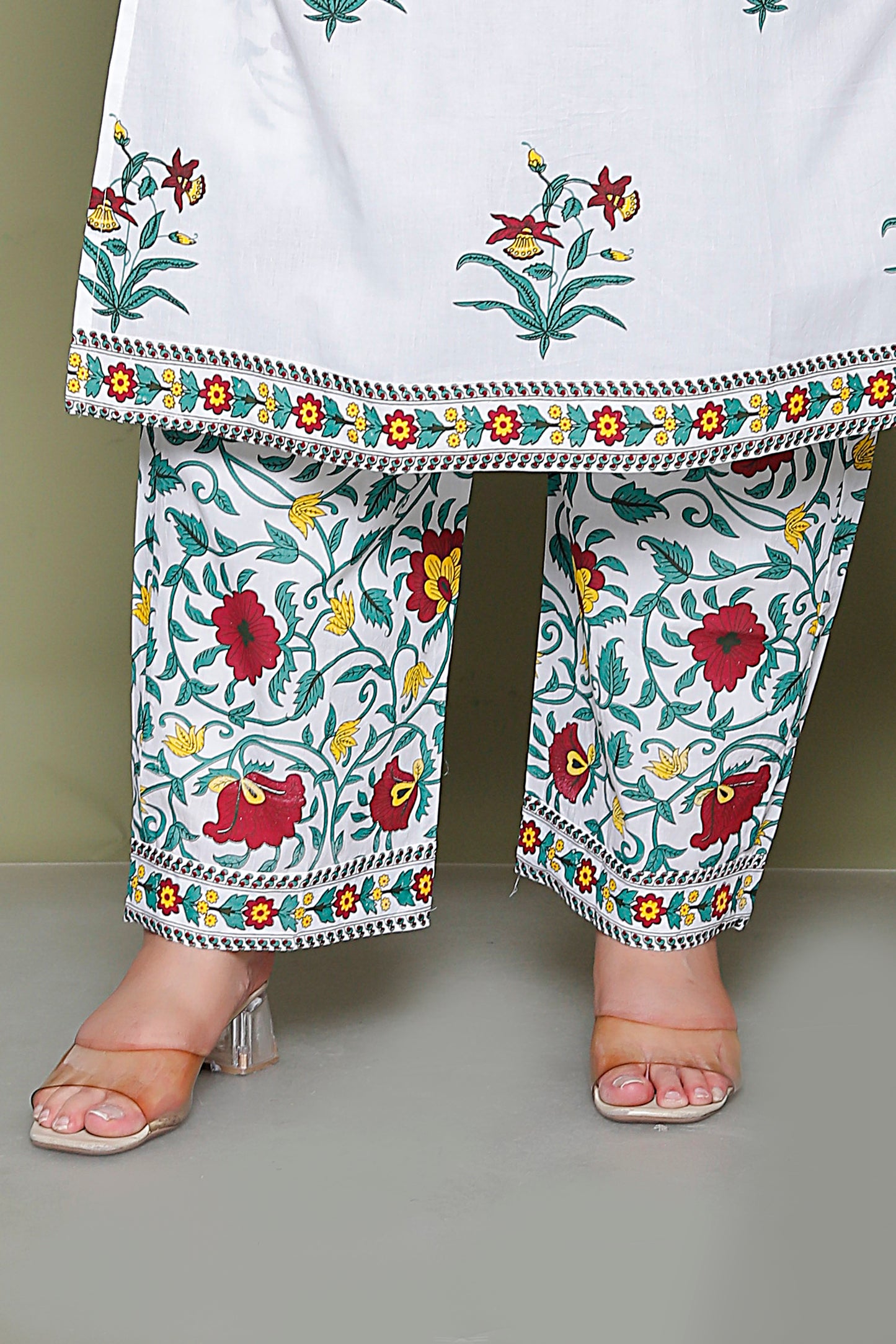 MUGHAL PRINT COTTON 3 PEICE KURTI PLAZZO SET IN WHITE/SKYBLUE BY PLUSSIZEKURTI