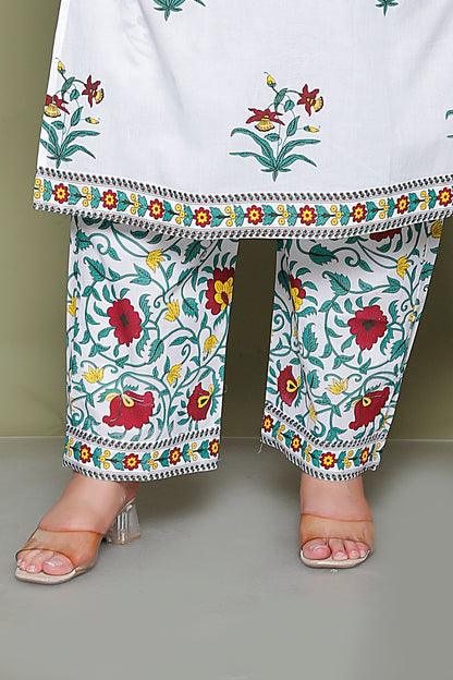 MUGHAL PRINT COTTON 3 PEICE KURTI PLAZZO SET IN WHITE/SKYBLUE BY PLUSSIZEKURTI