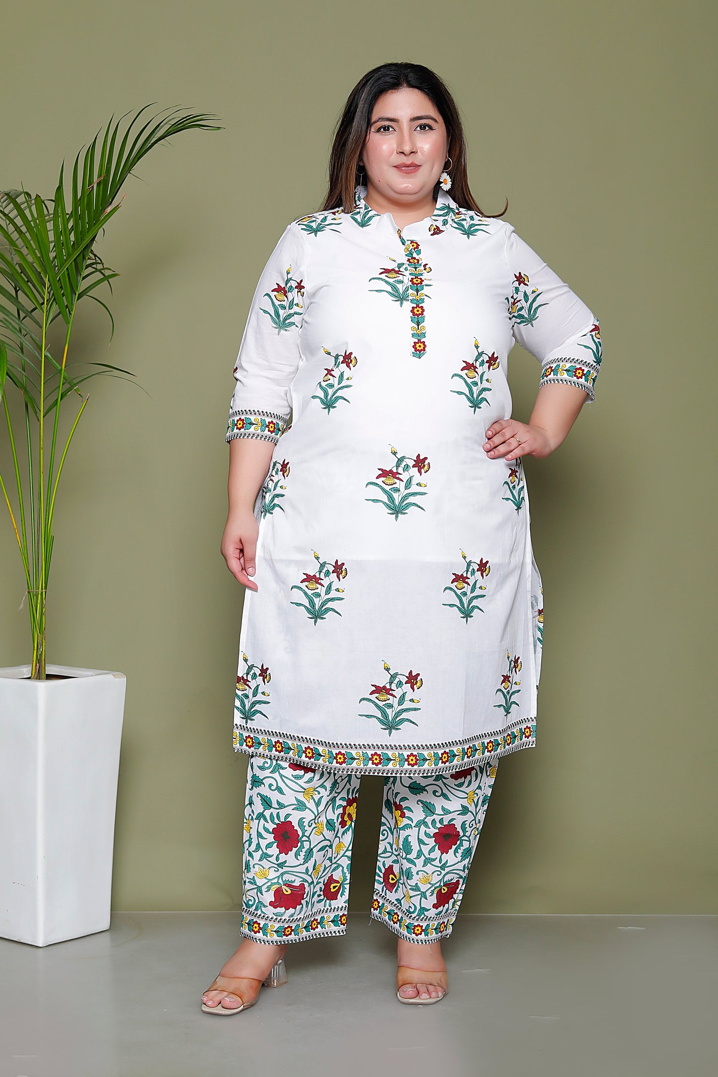 MUGHAL PRINT COTTON 3 PEICE KURTI PLAZZO SET IN WHITE/SKYBLUE BY PLUSSIZEKURTI