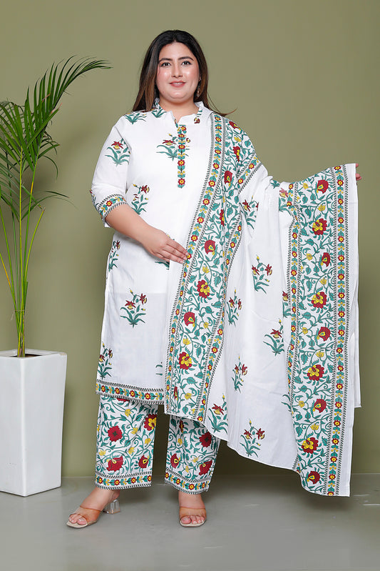 MUGHAL PRINT COTTON 3 PEICE KURTI PLAZZO SET IN WHITE/SKYBLUE BY PLUSSIZEKURTI