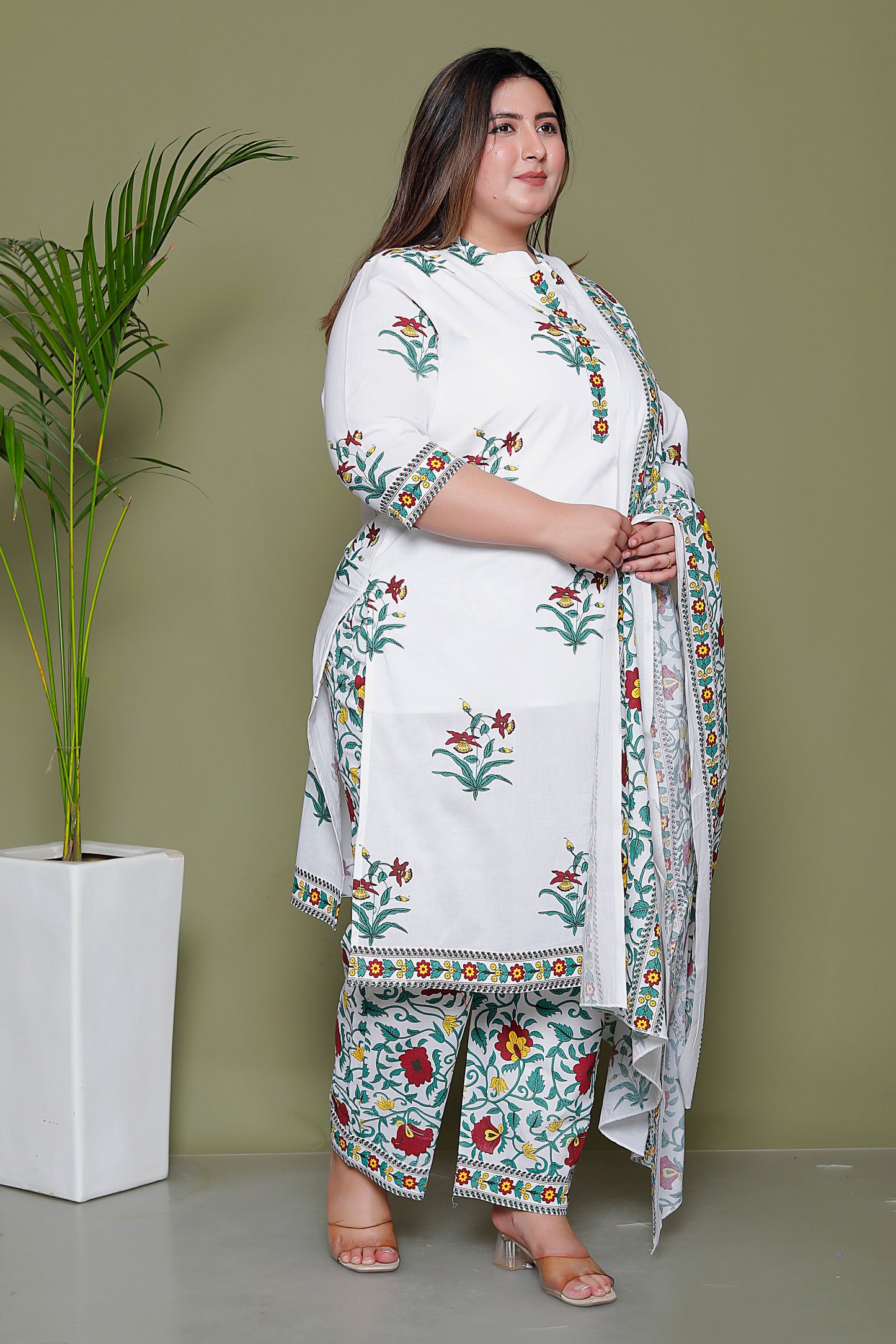 MUGHAL PRINT COTTON 3 PEICE KURTI PLAZZO SET IN WHITE/SKYBLUE BY PLUSSIZEKURTI