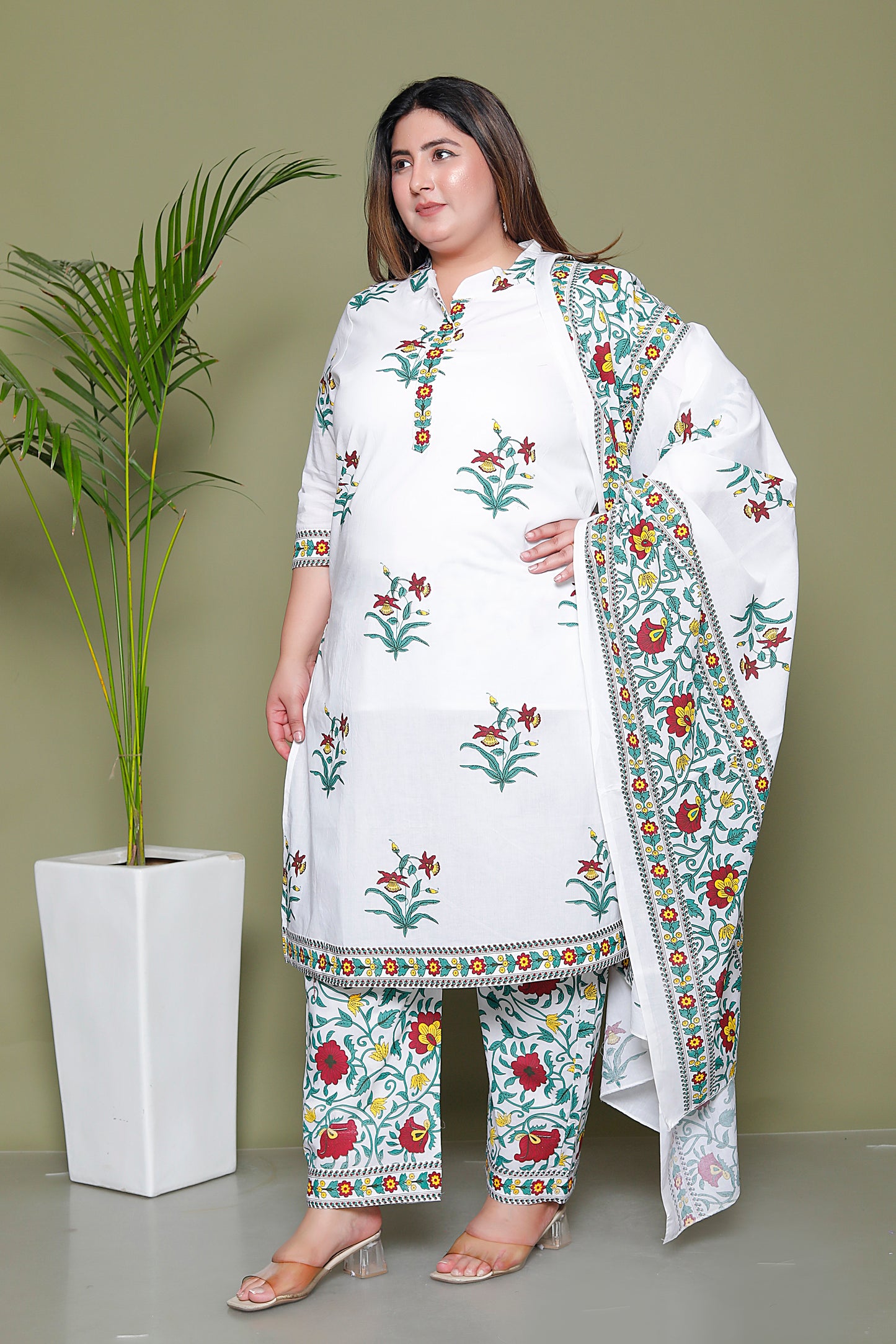 MUGHAL PRINT COTTON 3 PEICE KURTI PLAZZO SET IN WHITE/SKYBLUE BY PLUSSIZEKURTI