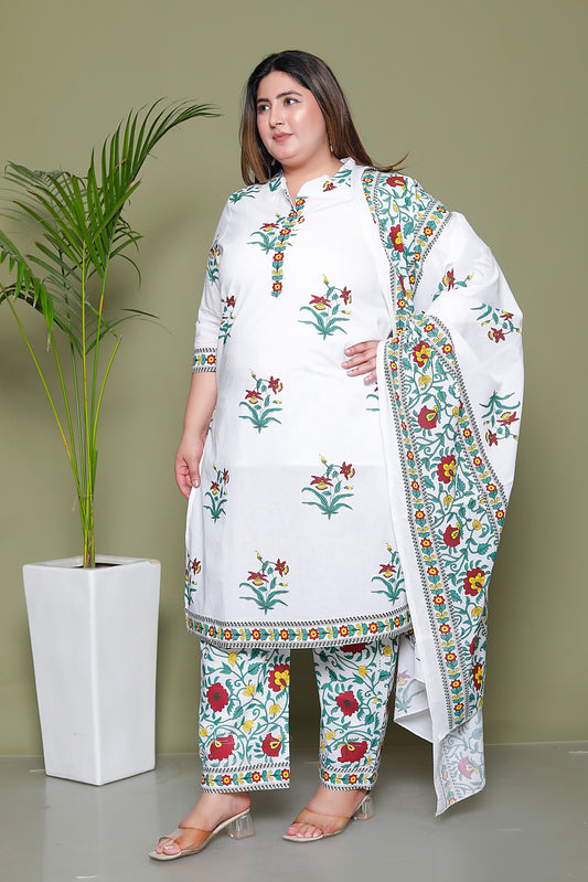 MUGHAL PRINT COTTON 3 PEICE KURTI PLAZZO SET IN WHITE/SKYBLUE BY PLUSSIZEKURTI
