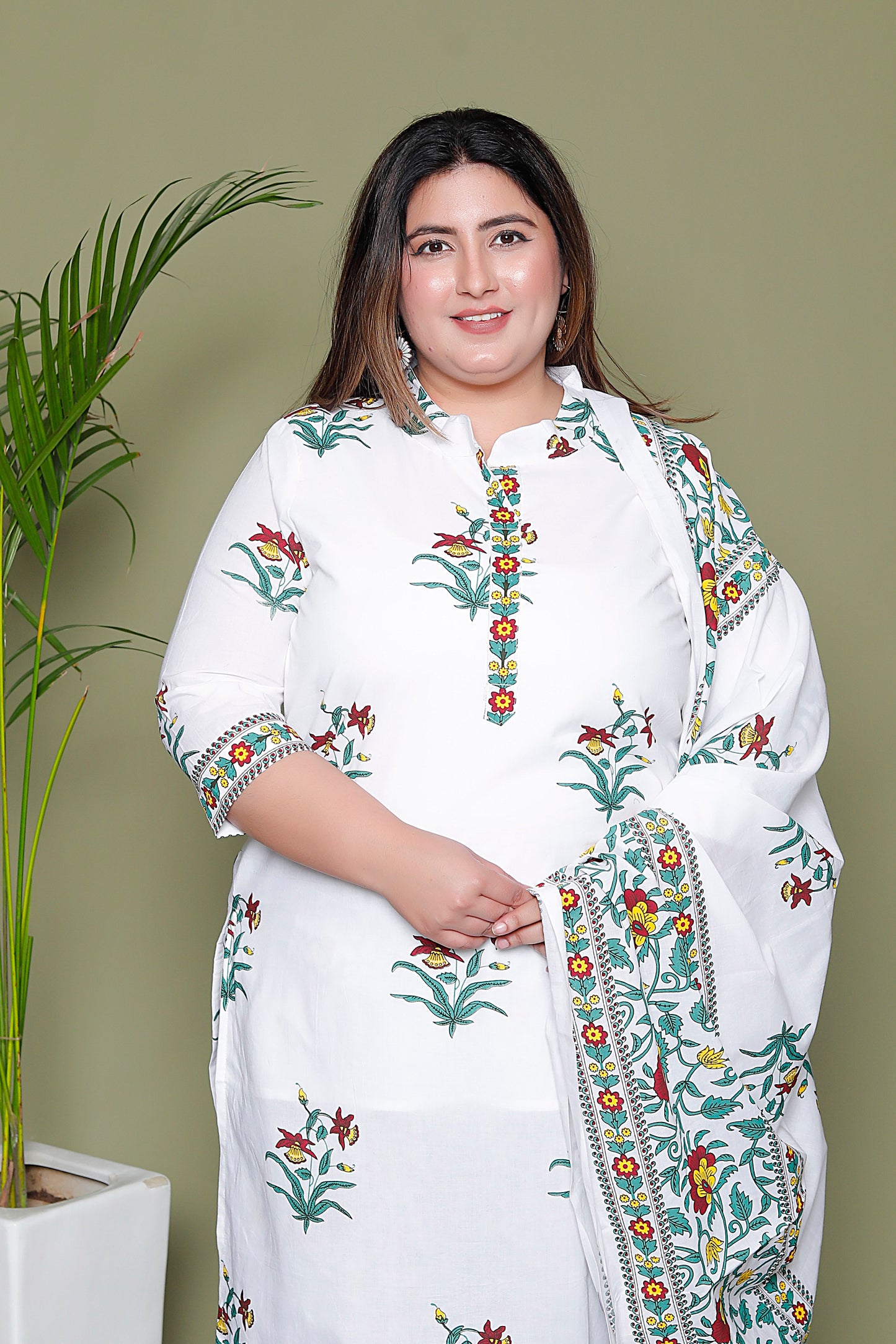 MUGHAL PRINT COTTON 3 PEICE KURTI PLAZZO SET IN WHITE/SKYBLUE BY PLUSSIZEKURTI