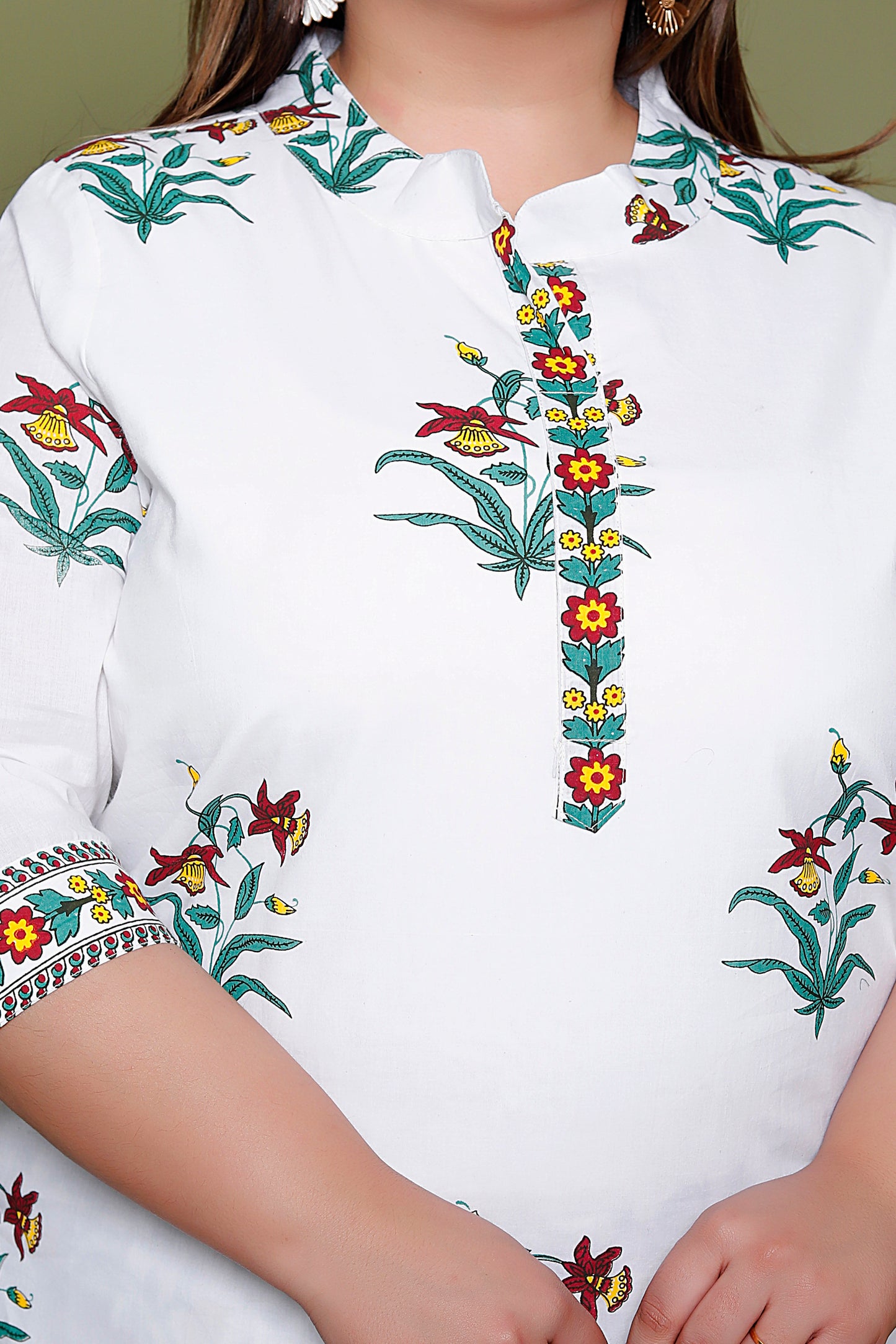 MUGHAL PRINT COTTON 3 PEICE KURTI PLAZZO SET IN WHITE/SKYBLUE BY PLUSSIZEKURTI