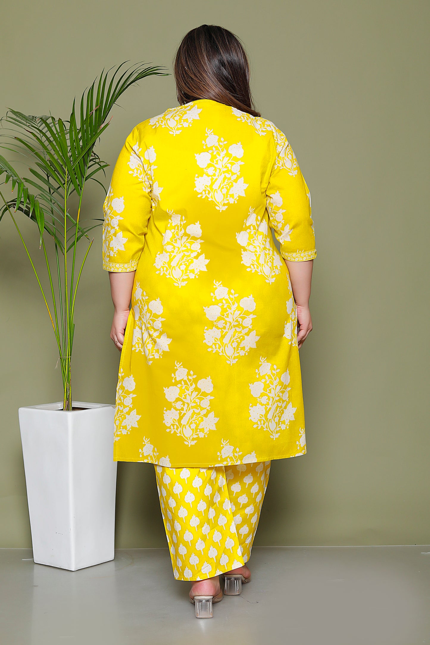 BAGRU HANDBLOCK PRINT COTTON 3 PEICE KURTI PANT SET IN YELLOW BY PLUSSIZEKURTI