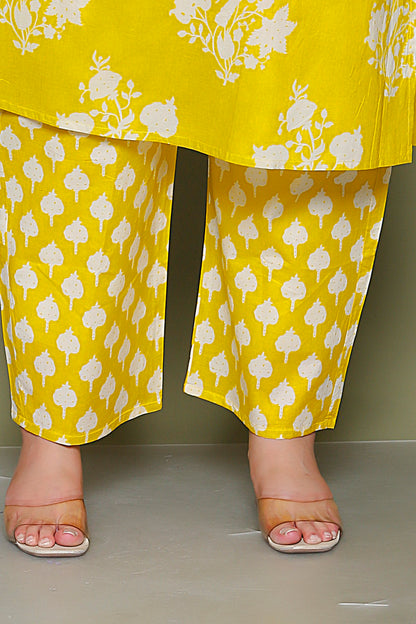 BAGRU HANDBLOCK PRINT COTTON 3 PEICE KURTI PANT SET IN YELLOW BY PLUSSIZEKURTI
