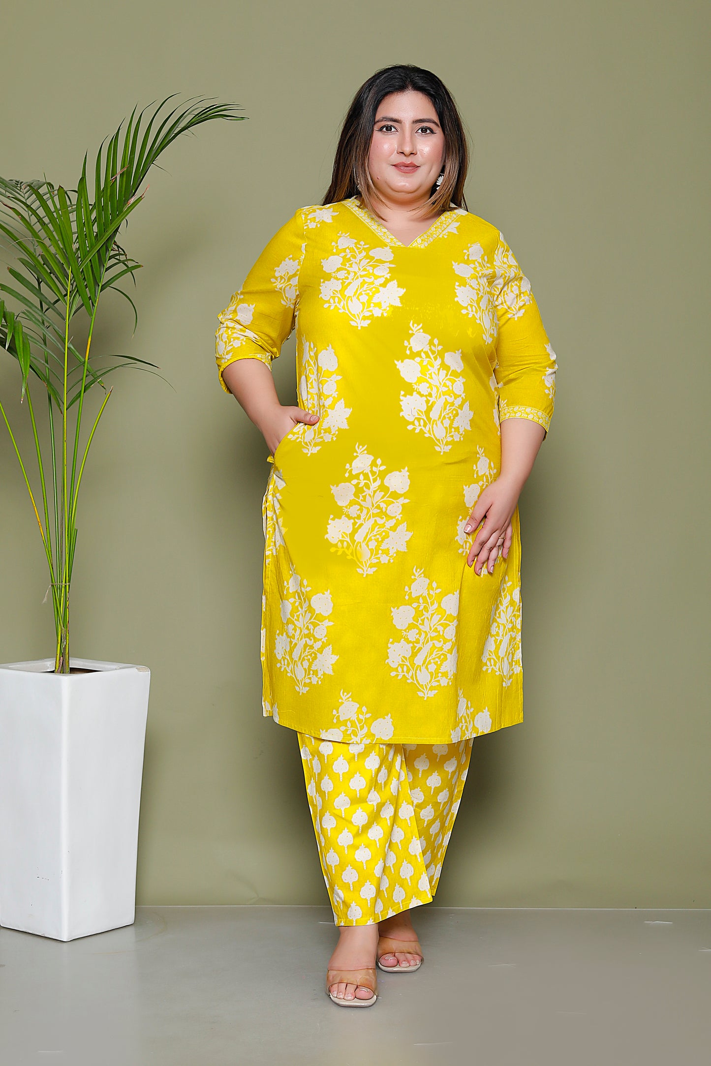 BAGRU HANDBLOCK PRINT COTTON 3 PEICE KURTI PANT SET IN YELLOW BY PLUSSIZEKURTI