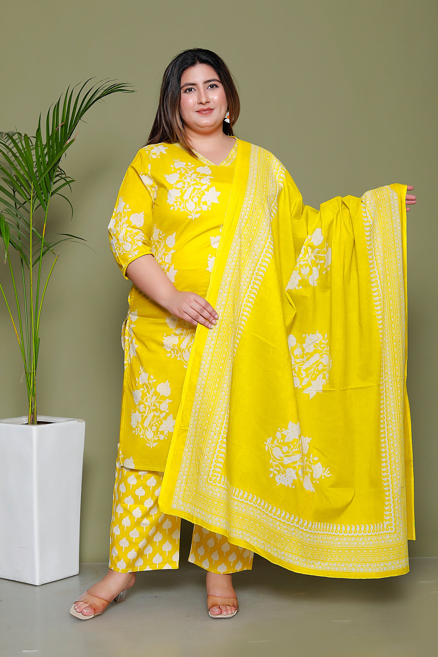 BAGRU HANDBLOCK PRINT COTTON 3 PEICE KURTI PANT SET IN YELLOW BY PLUSSIZEKURTI