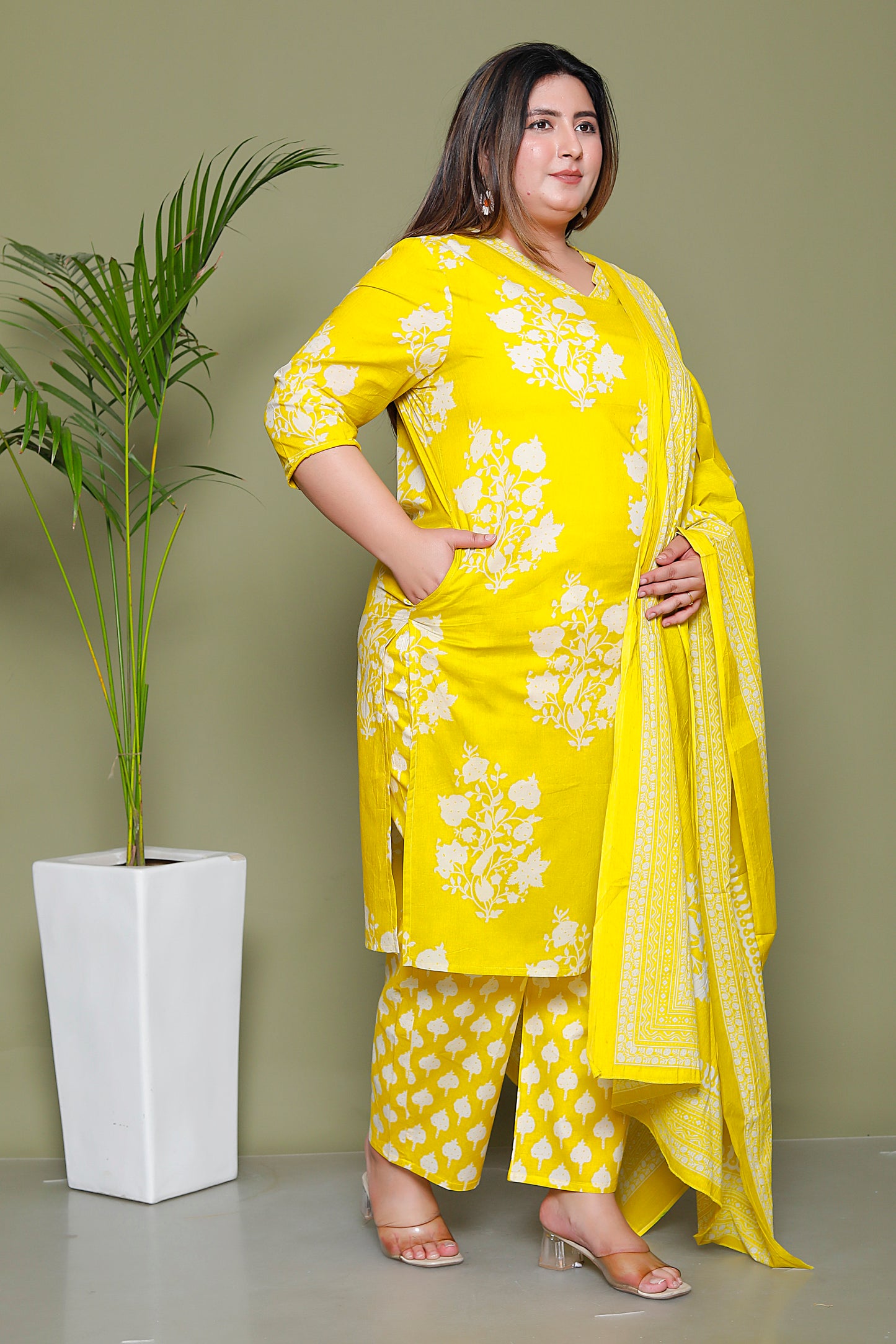 BAGRU HANDBLOCK PRINT COTTON 3 PEICE KURTI PANT SET IN YELLOW BY PLUSSIZEKURTI
