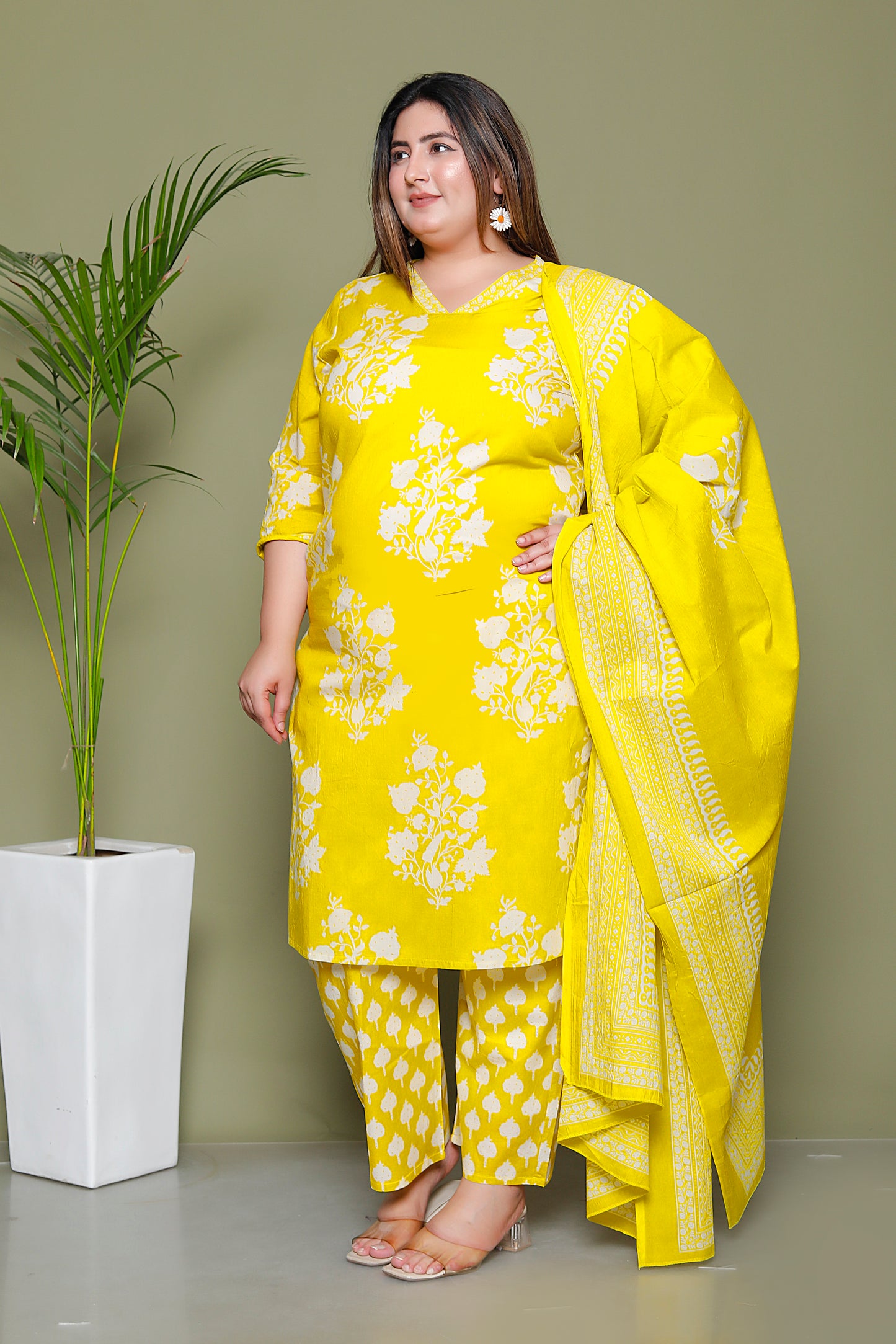 BAGRU HANDBLOCK PRINT COTTON 3 PEICE KURTI PANT SET IN YELLOW BY PLUSSIZEKURTI