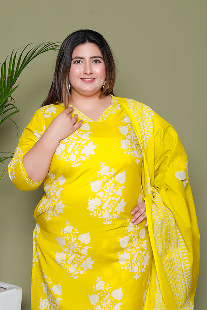 BAGRU HANDBLOCK PRINT COTTON 3 PEICE KURTI PANT SET IN YELLOW BY PLUSSIZEKURTI