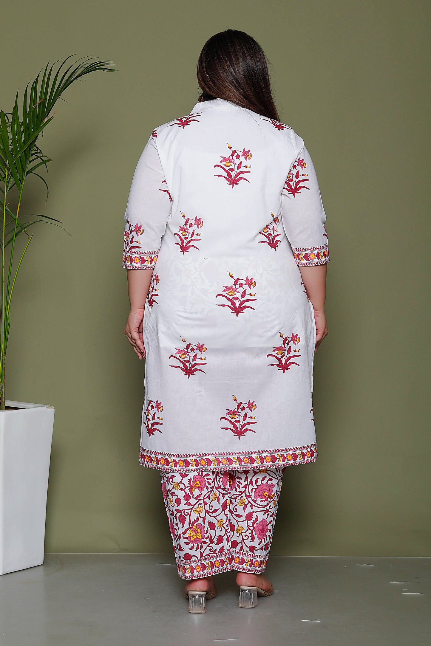 MUGHAL PRINT COTTON 3 PEICE KURTI PANT SET IN WHITE/PINK BY PLUSSIZEKURTI